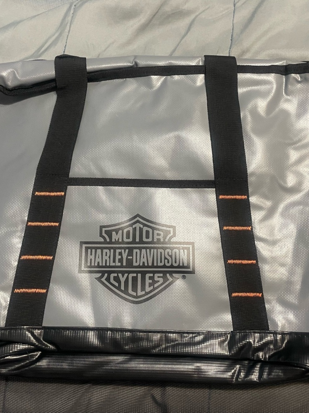 Harley-Davidson Gray Duffel Cooler with Black Straps and Orange Accents